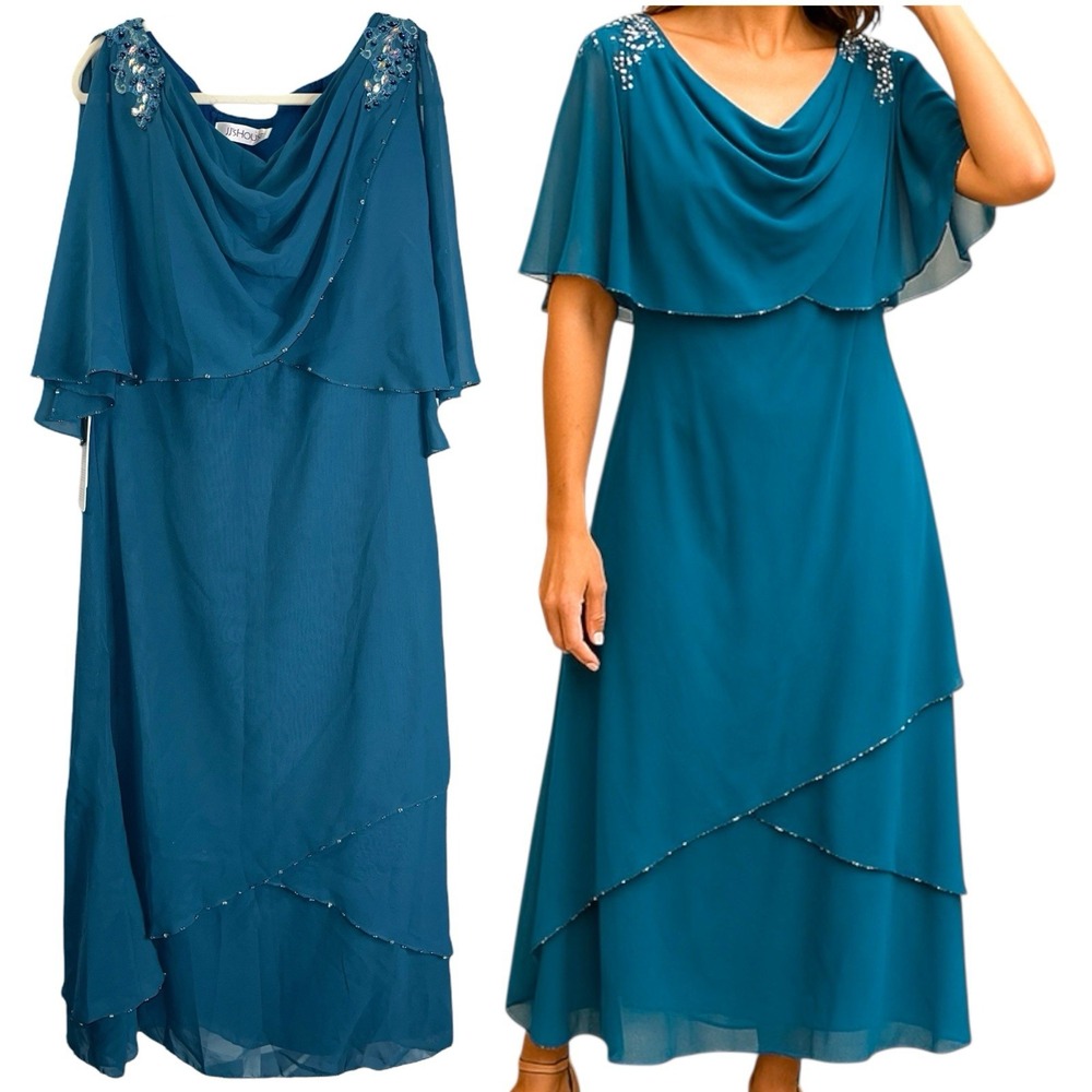 JJ's House Ink Blue Beaded Evening Gown Chiffon Size 16 Mother Of Bride Dress